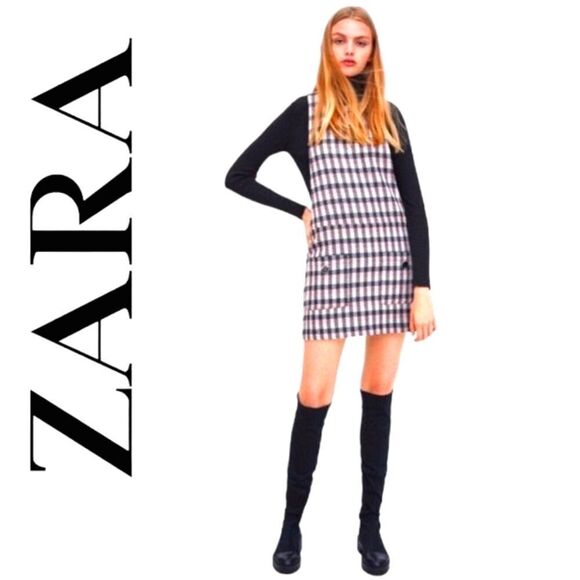 ZARA METALLIC PLAID TWEED OVERALL MINI DRESS FRONT POCKETS LIGHT ACADEMIA PREPPY - Picture 4 of 16